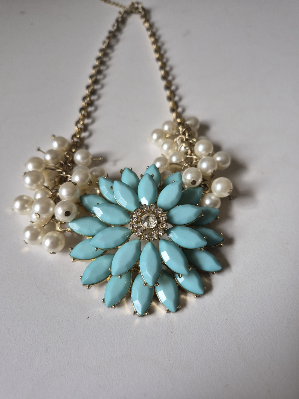 Gold Pearl Chain Necklace with Turquoise Flower Pendant